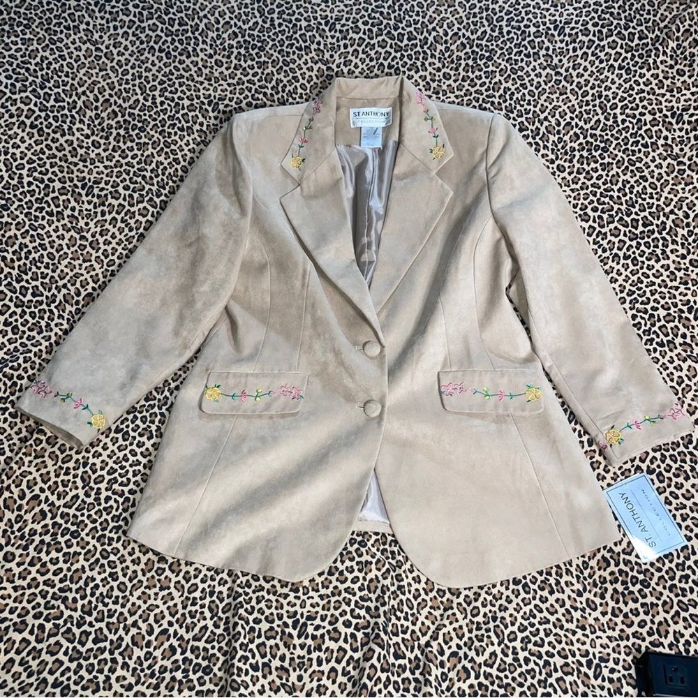 Vintage Deadstock NWT Faux Suede Embroidered Floral Blazer Academia Office Siren - Picture 3 of 8